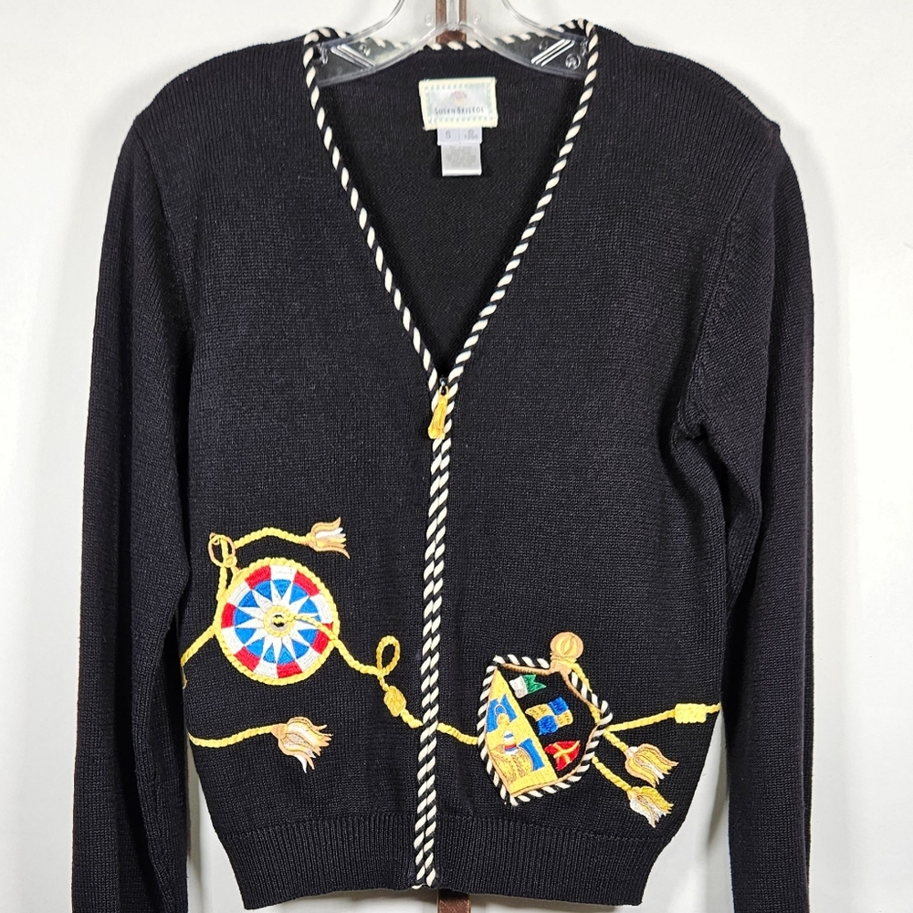 Vtg Susan Bristol Maritime embroidered cardigan zip front nautical Sailing